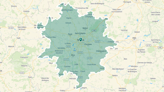 Carte zone d'intervention d'Ammatéa bien-être et QVT en entreprise sur Rennes